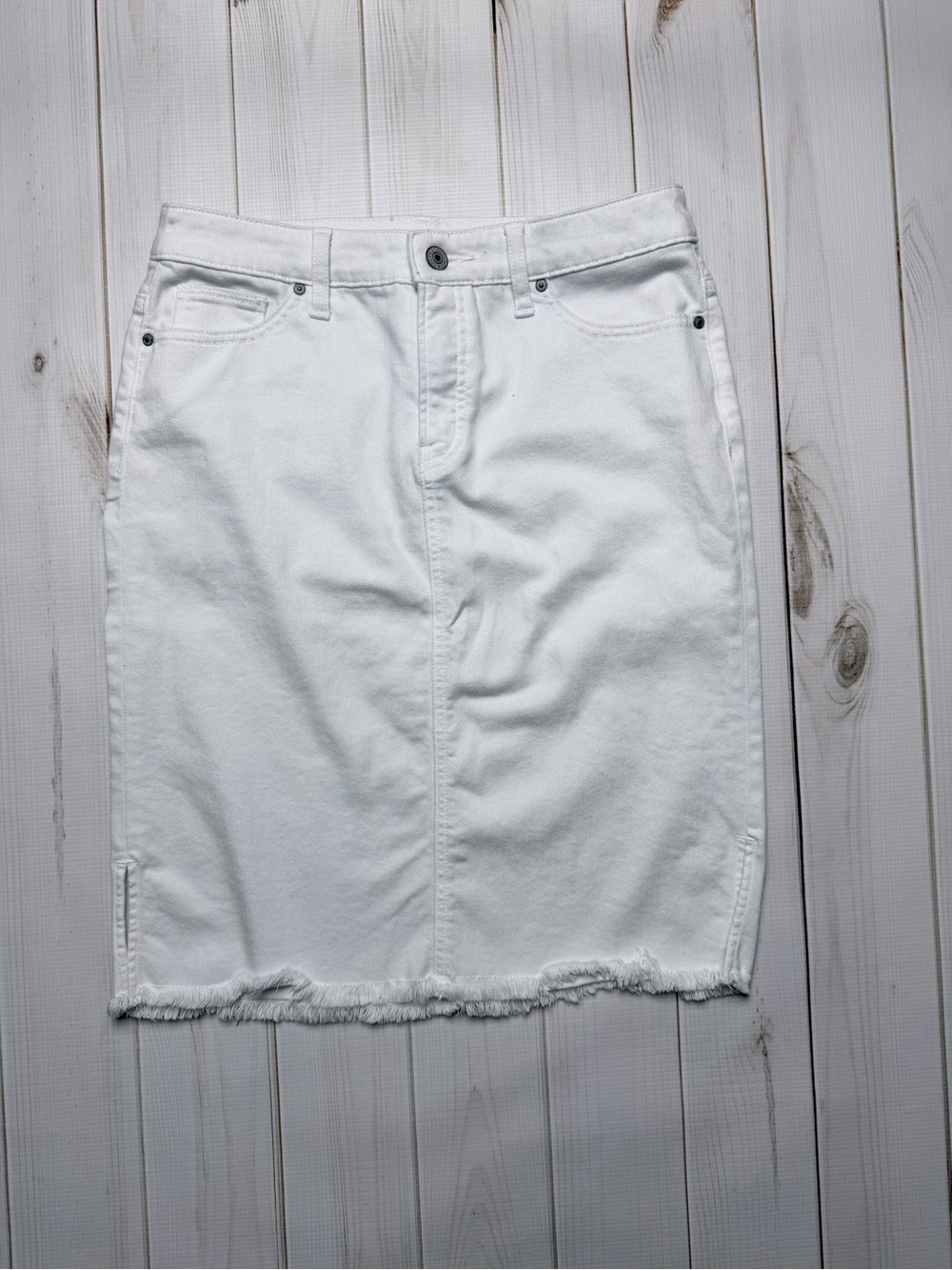 Chico's White Denim Pencil Skirt with Frayed Hem